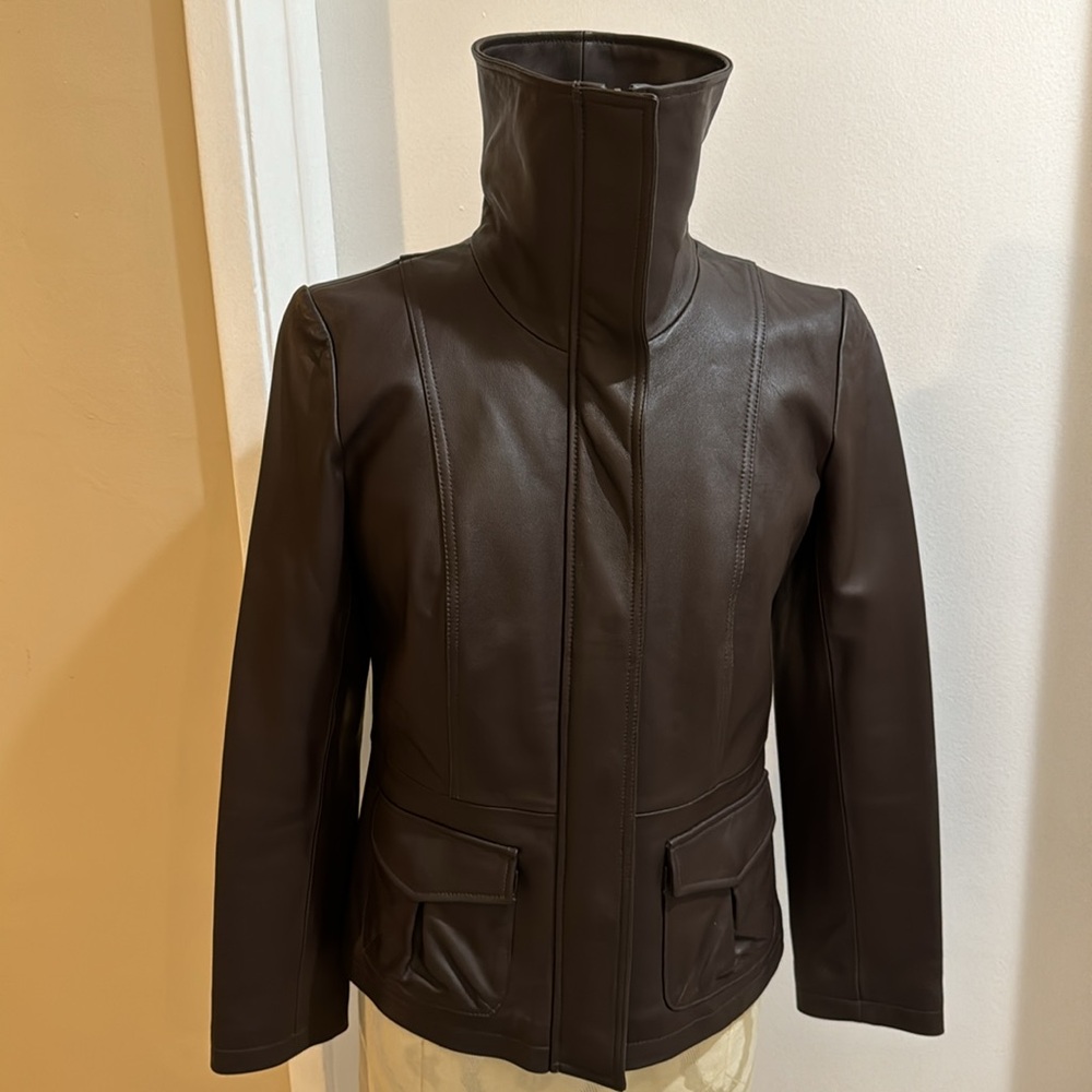 Alfani Leather Funnel Neck Dark Choc Brown Pockets Snap Zip Jacket XS-S P